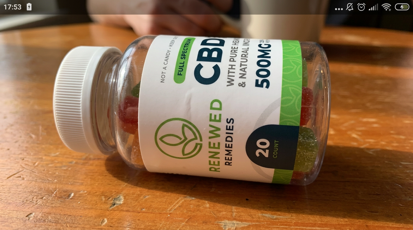 Renewed Remedies CBD — gominolas en mesa